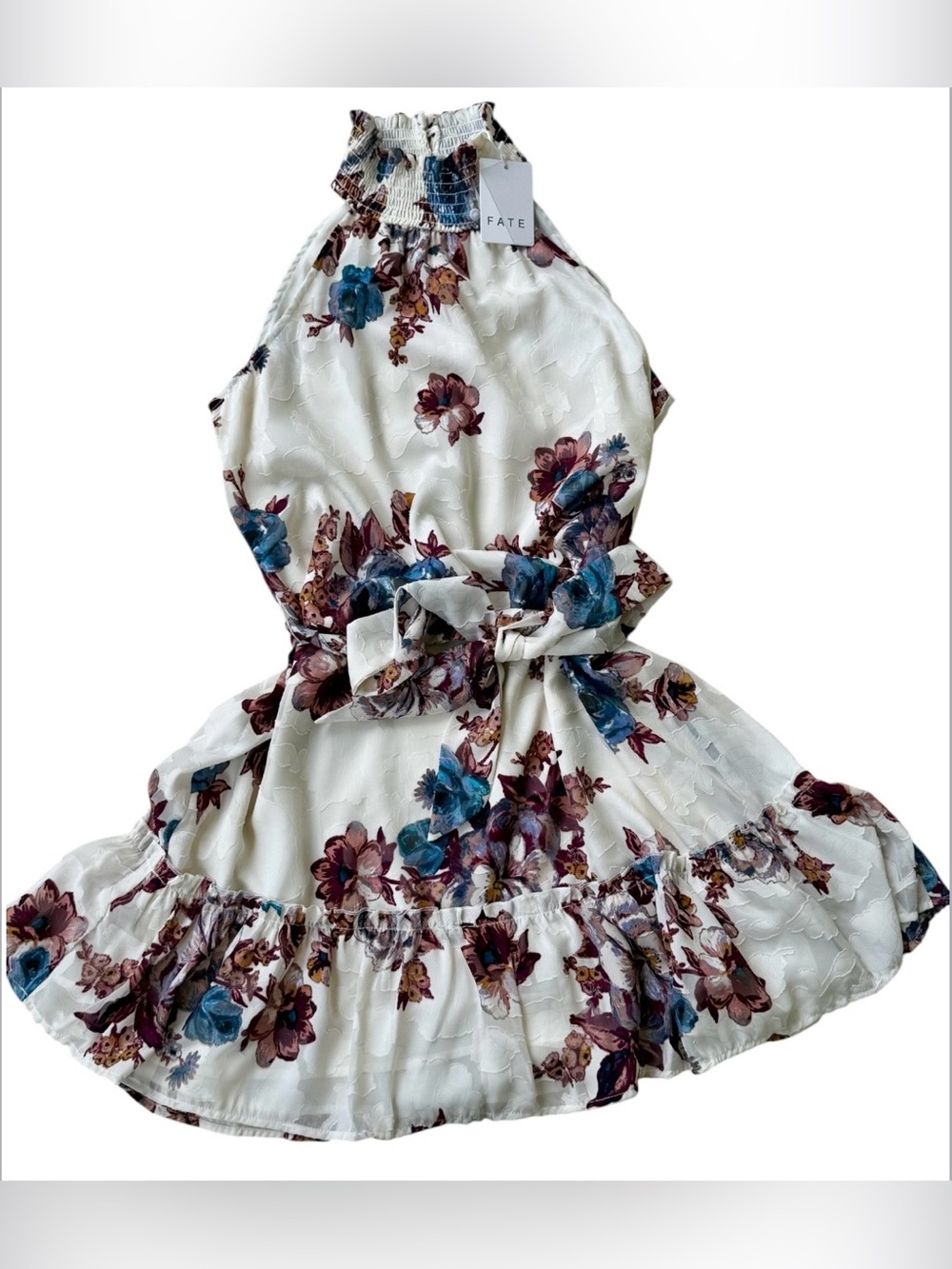 NWT Fate cream-colored blue maroon floral halter, lined dress S